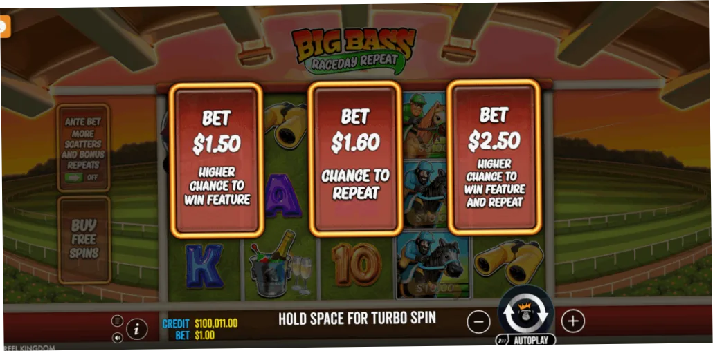 Big Bass Raceday Repeat ante bet and bonus buy options
